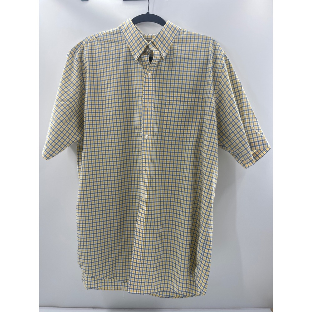 LL Bean Mens Large Yellow Blue Plaid Wrinkle Resistant SS Button Down Shirt